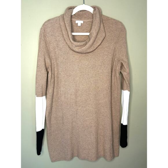 J. Jill Tan Cowlneck Sweater Tunic LS Cotton Blend Colorblock Size Medium Tall - Picture 1 of 8